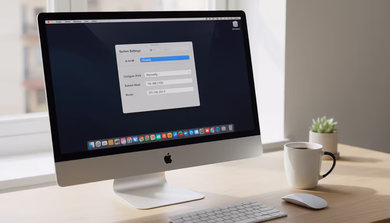 Apple Mac screen displaying System Settings Network TCP/IP configuration panel with IP address fields on a clean desk