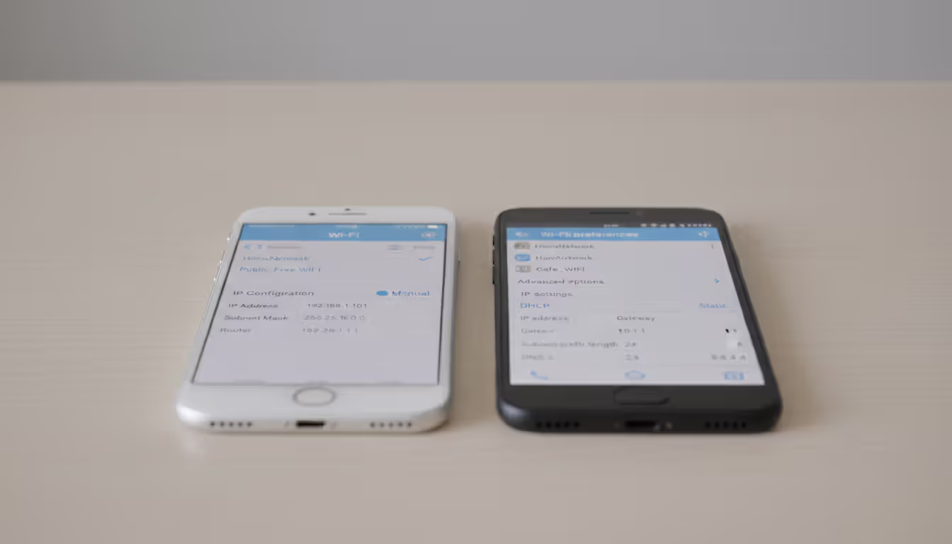 Two smartphones side by side showing Wi-Fi IP configuration settings on iPhone and Android screens