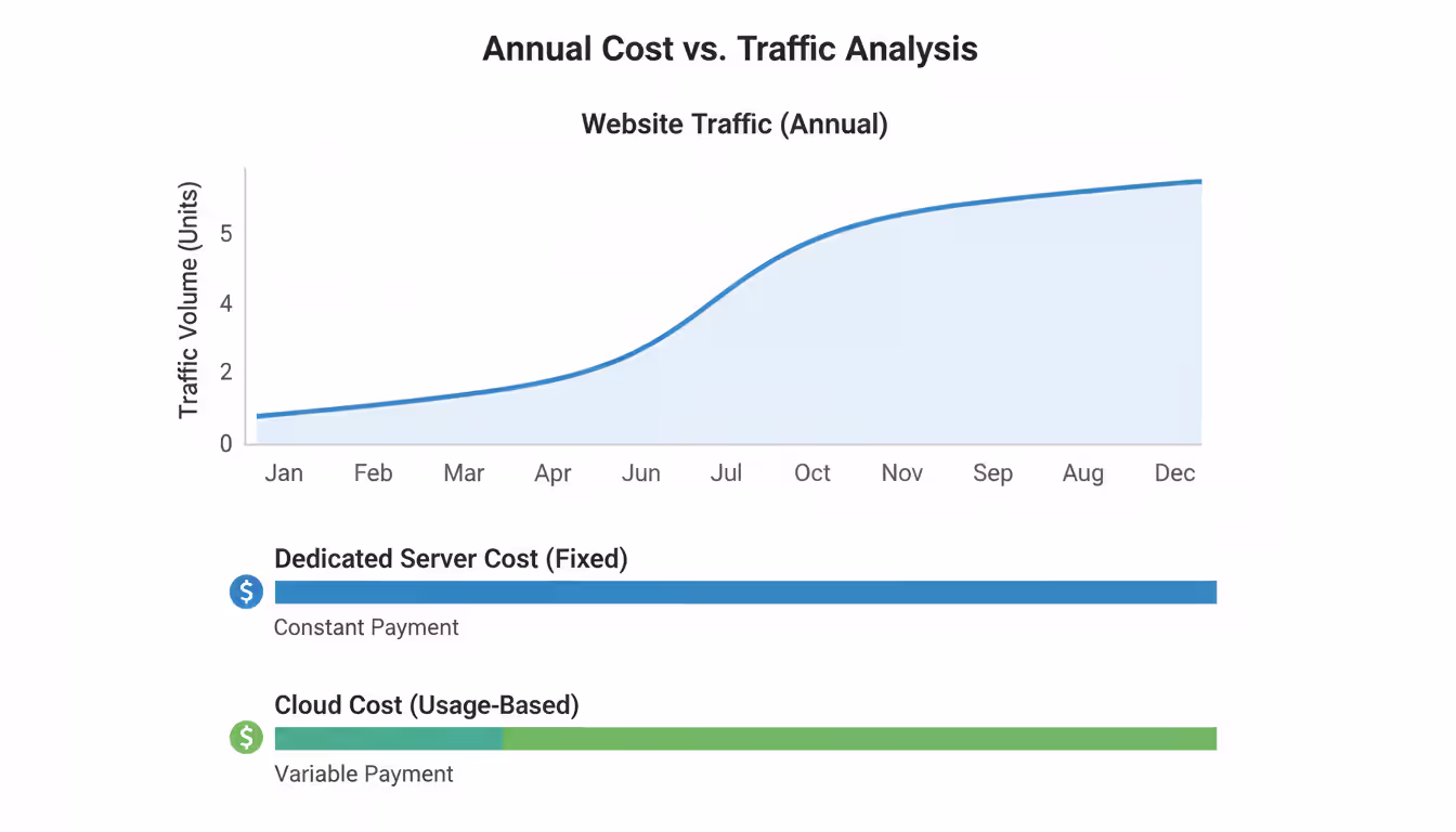 Business chart comparing steady dedicated server costs versus variable cloud hosting costs aligned with seasonal website traffic fluctuations throughout the year