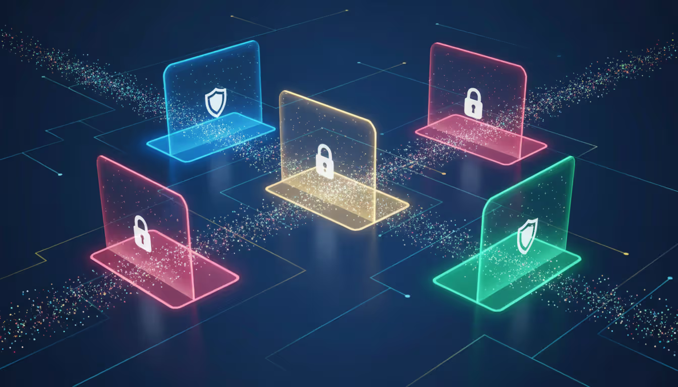 Abstract visualization of network segmentation and zero-trust security concept with colored zones separated by protective barriers, lock icons, and controlled data flow particles on dark blue background