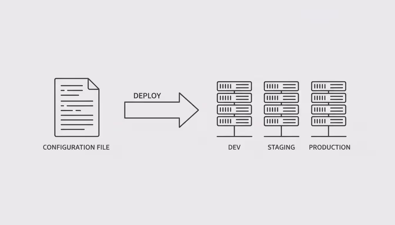 Infographic showing IaC workflow from configuration file through deployment to identical dev staging and production environments