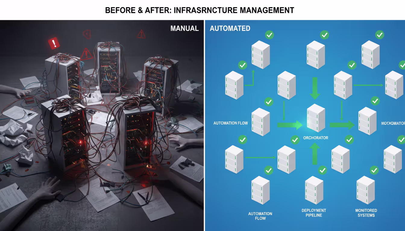 Before and after comparison showing chaotic manual infrastructure management versus organized automated IaC approach