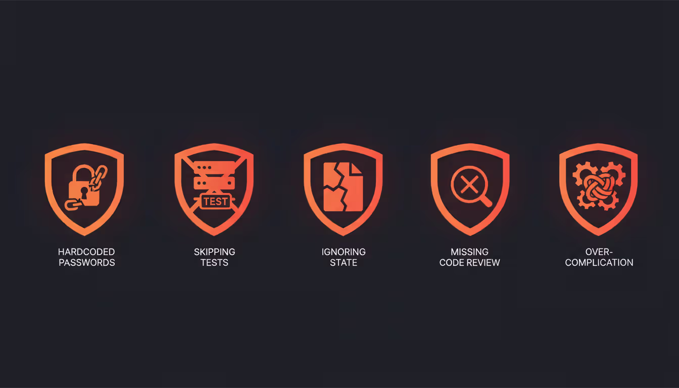 Five warning icons representing common IaC mistakes including hardcoded credentials skipped testing state mismanagement no code review and over-engineering
