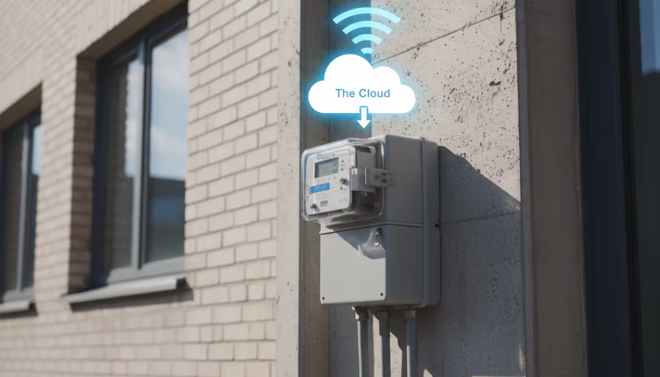 Smart electric meter mounted on building wall transmitting data wirelessly to cloud platform