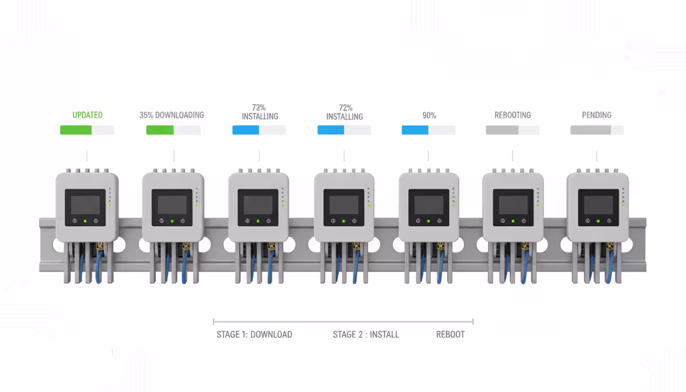 Over-the-air firmware update rollout across multiple IoT sensor devices showing phased deployment progress