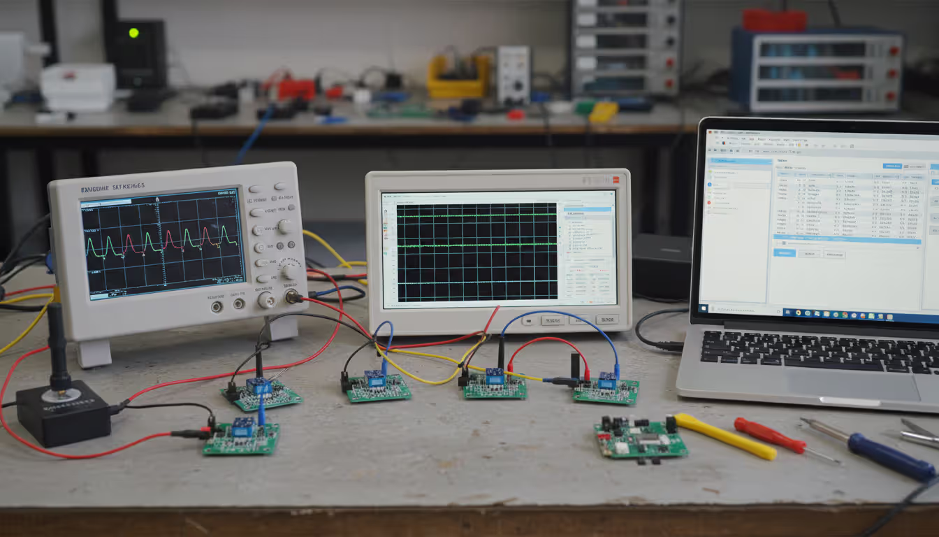 IoT device testing lab workbench with circuit boards connected to oscilloscope and protocol analyzer