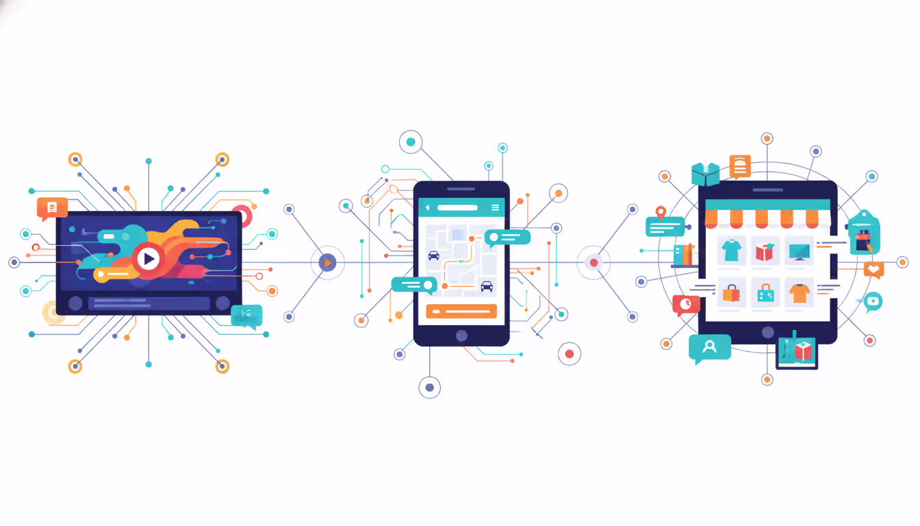 Flat illustration showing three technology platforms representing streaming video service ride-hailing app and online marketplace each surrounded by distributed network nodes symbolizing microservices