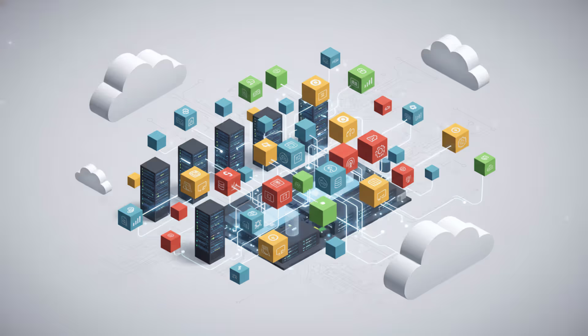 Isometric view of microservices architecture with multiple small colorful service containers connected by network lines on a cloud infrastructure background