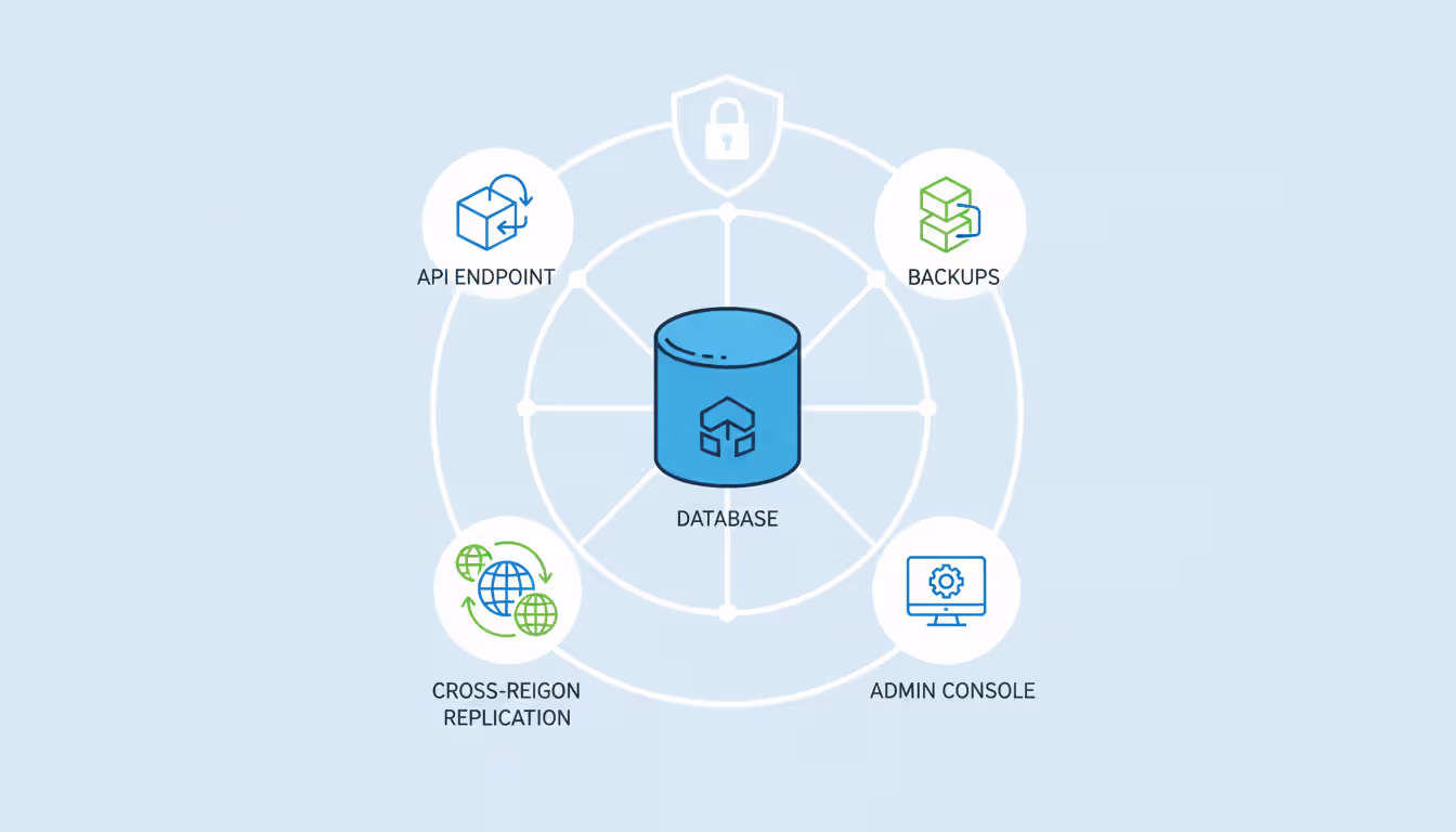Schematic diagram of cloud database architecture showing database icon connected to API endpoints backup storage replication streams and admin console surrounded by a security perimeter