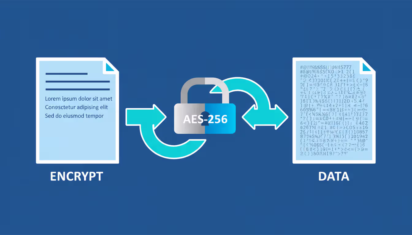 Data encryption process visualization showing readable document transforming through AES-256 key into scrambled encrypted data with directional arrows
