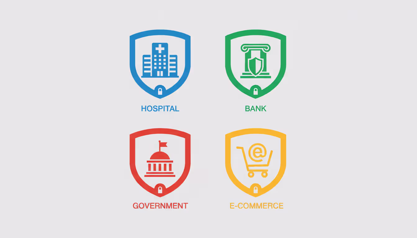 Four industry icons representing healthcare finance government and e-commerce each surrounded by a security shield symbol on a clean light background