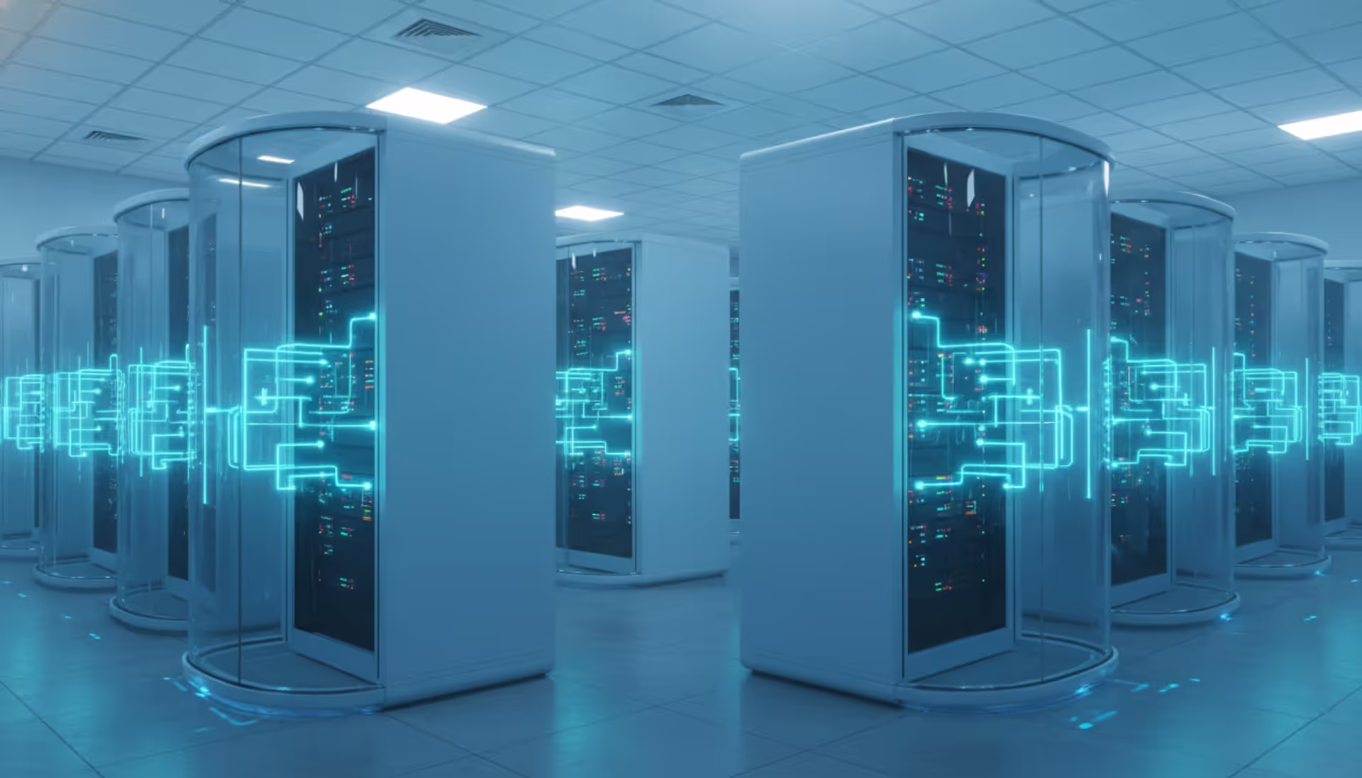 Modern data center with server racks surrounded by a glowing blue protective shield dome symbolizing cloud database security