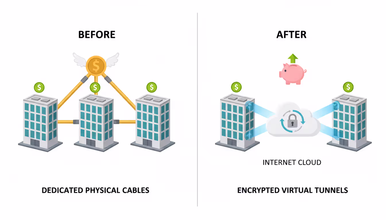 Infographic comparing expensive dedicated leased lines versus cost-effective site-to-site VPN connections between three offices