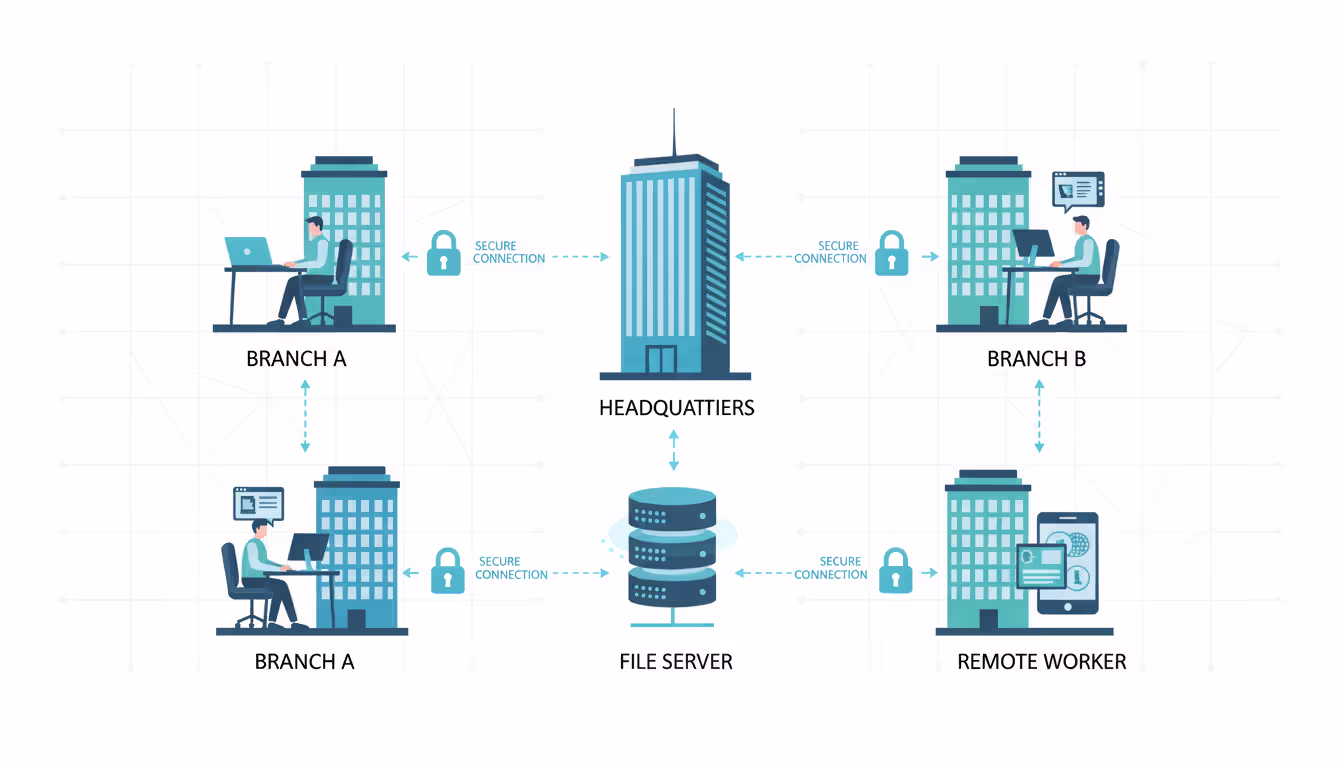 Office workers at multiple locations securely accessing a central file server through encrypted VPN connections with lock icons