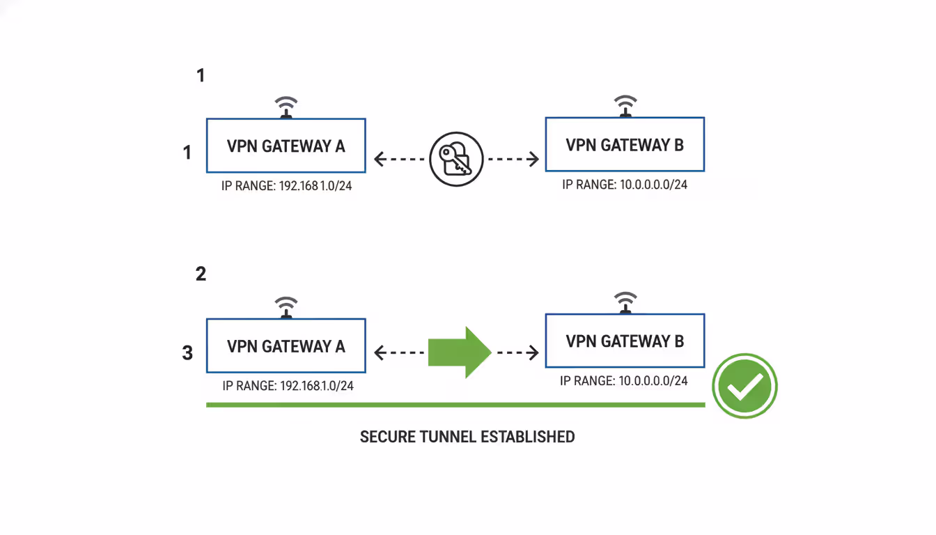 Step-by-step VPN setup diagram showing two gateways with IP ranges, encryption handshake, and established tunnel with green checkmark
