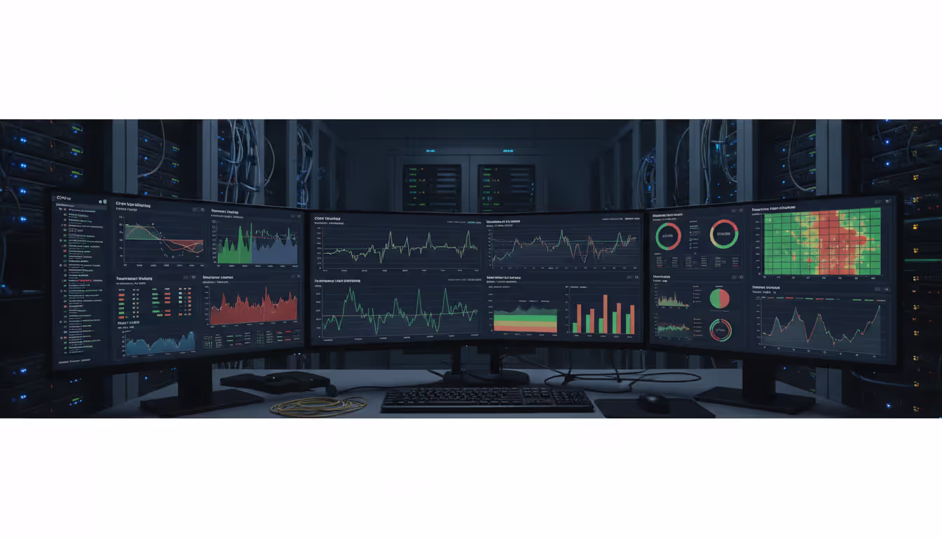 Multiple monitoring screens on an engineer desk displaying real-time VM performance dashboards with CPU usage graphs, memory bar charts, and heat maps of virtual machine health status