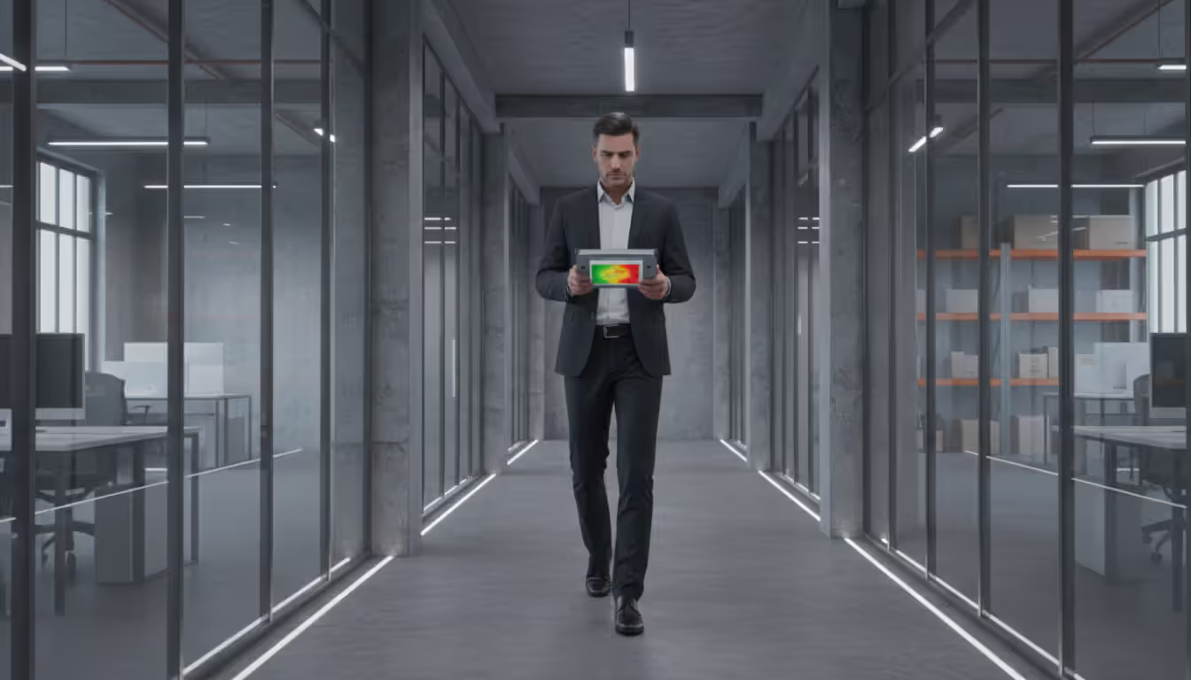 Network engineer conducting a Wi-Fi site survey in a building hallway, holding a tablet displaying a wireless heat map