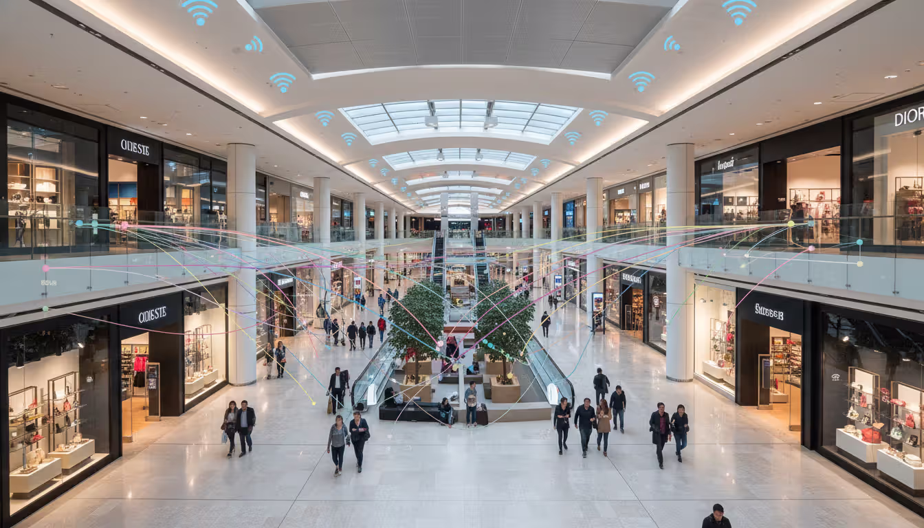 Indoor location tracking visualization in a shopping mall showing foot traffic paths detected by Wi-Fi access points