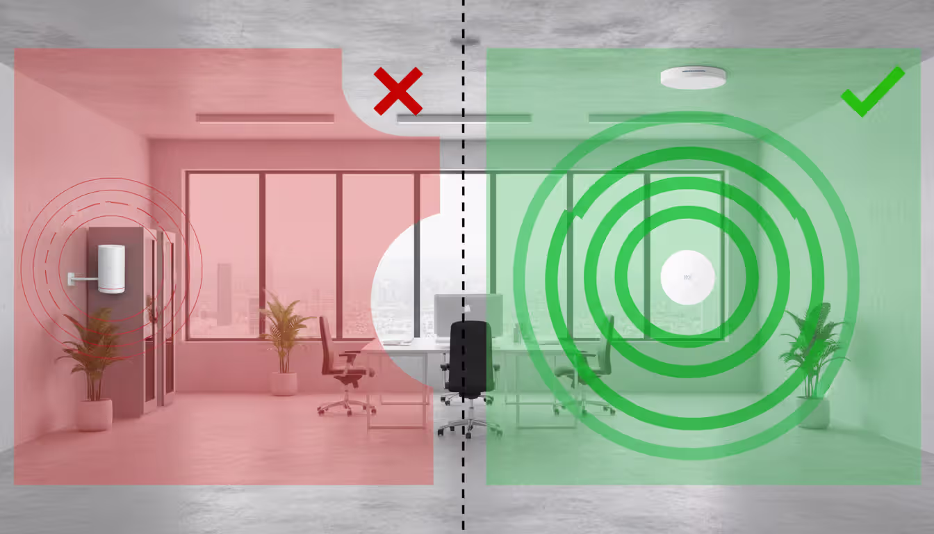 Split comparison showing incorrect Wi-Fi access point placement in a corner with poor coverage versus correct central ceiling placement with full coverage