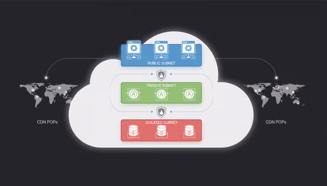 Three-tier cloud network architecture diagram showing public subnet with web servers, private subnet with application servers, isolated subnet with databases, firewalls between tiers, and CDN edge locations on a world map