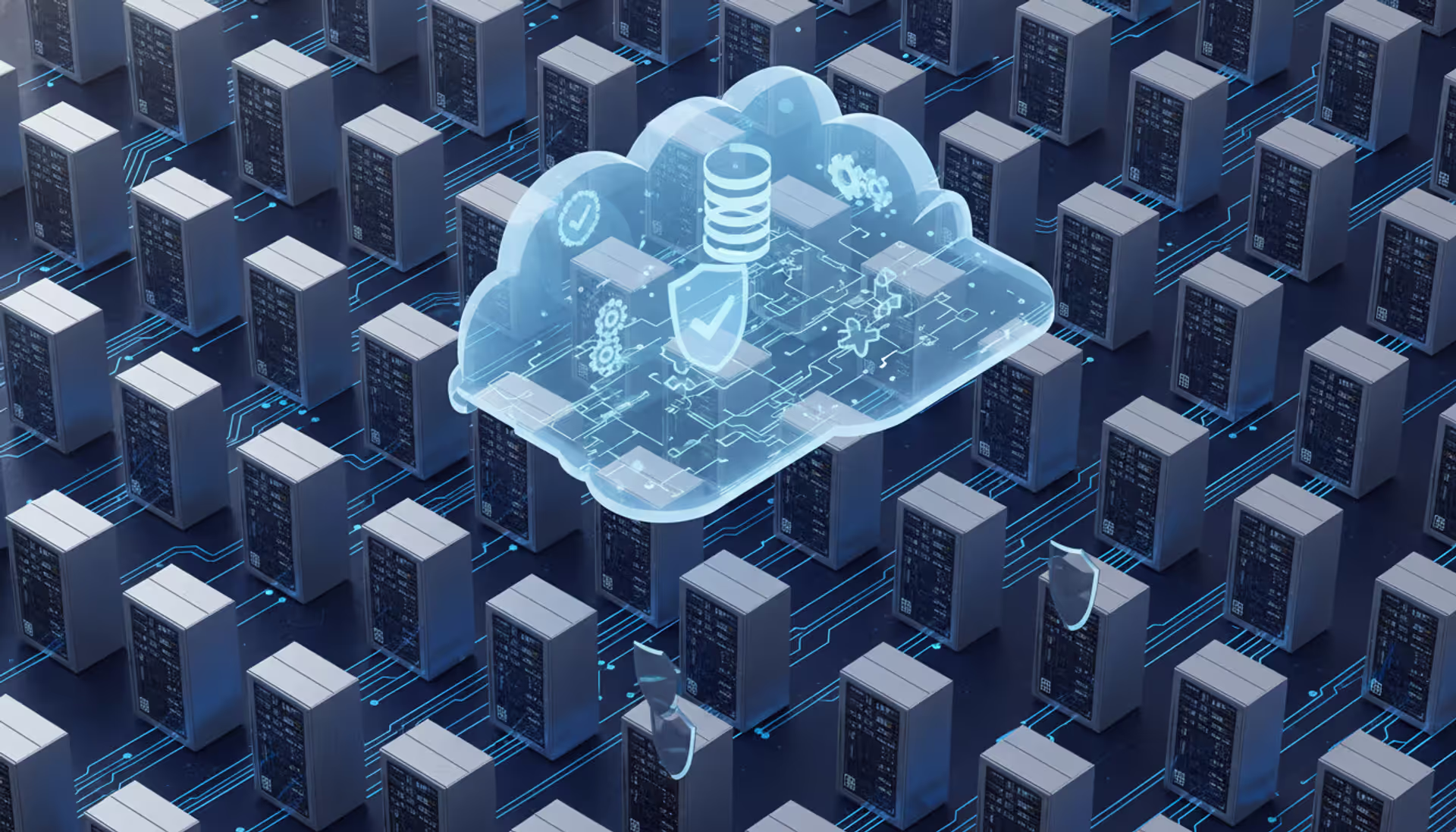 Isometric view of a modern data center with server racks connected by glowing blue network lines and transparent cloud structures floating above with database, gear, and security shield icons