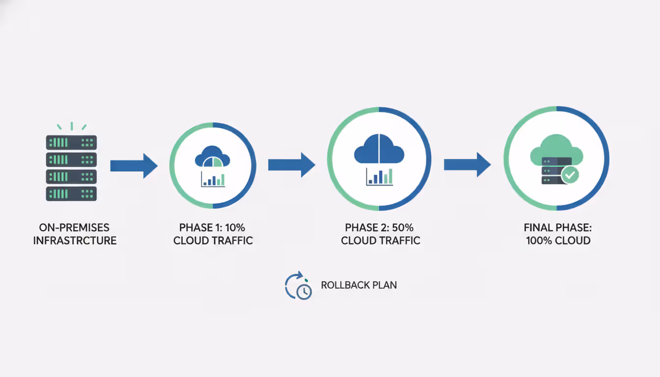 Step-by-step infographic showing phased cloud migration from on-premises server rack through 10%, 50%, and 100% traffic shift to cloud with a rollback arrow icon