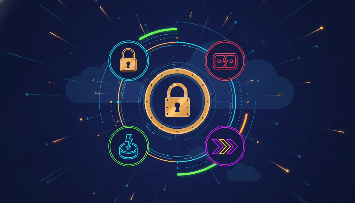 Illustration of cloud integration security and resilience mechanisms with a central shield icon surrounded by encryption lock, circuit breaker switch, caching lightning bolt, and parallel execution arrows on dark blue background