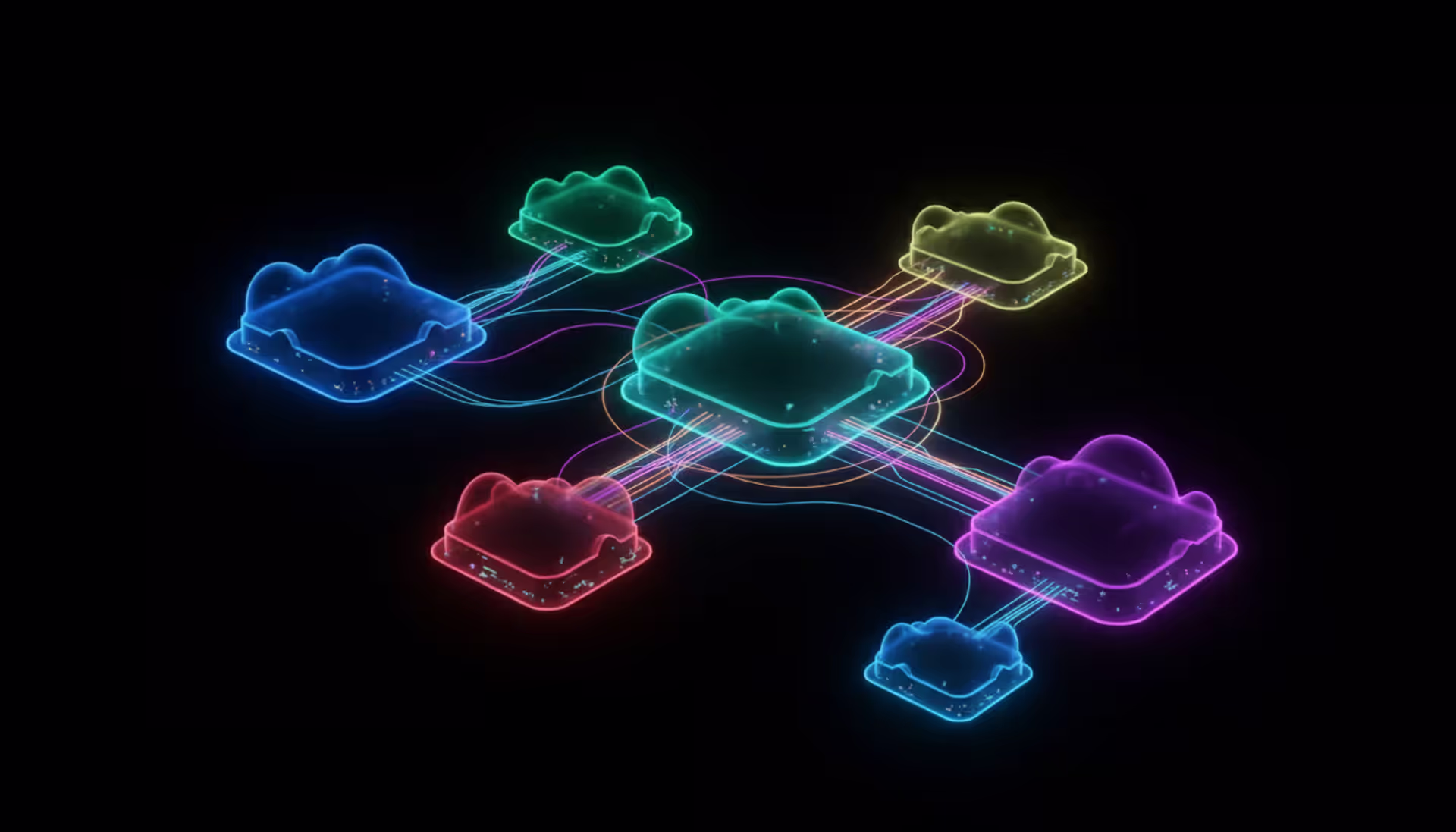 Abstract digital landscape showing multiple glowing cloud platforms connected by bright neon data flow bridges floating over a dark background
