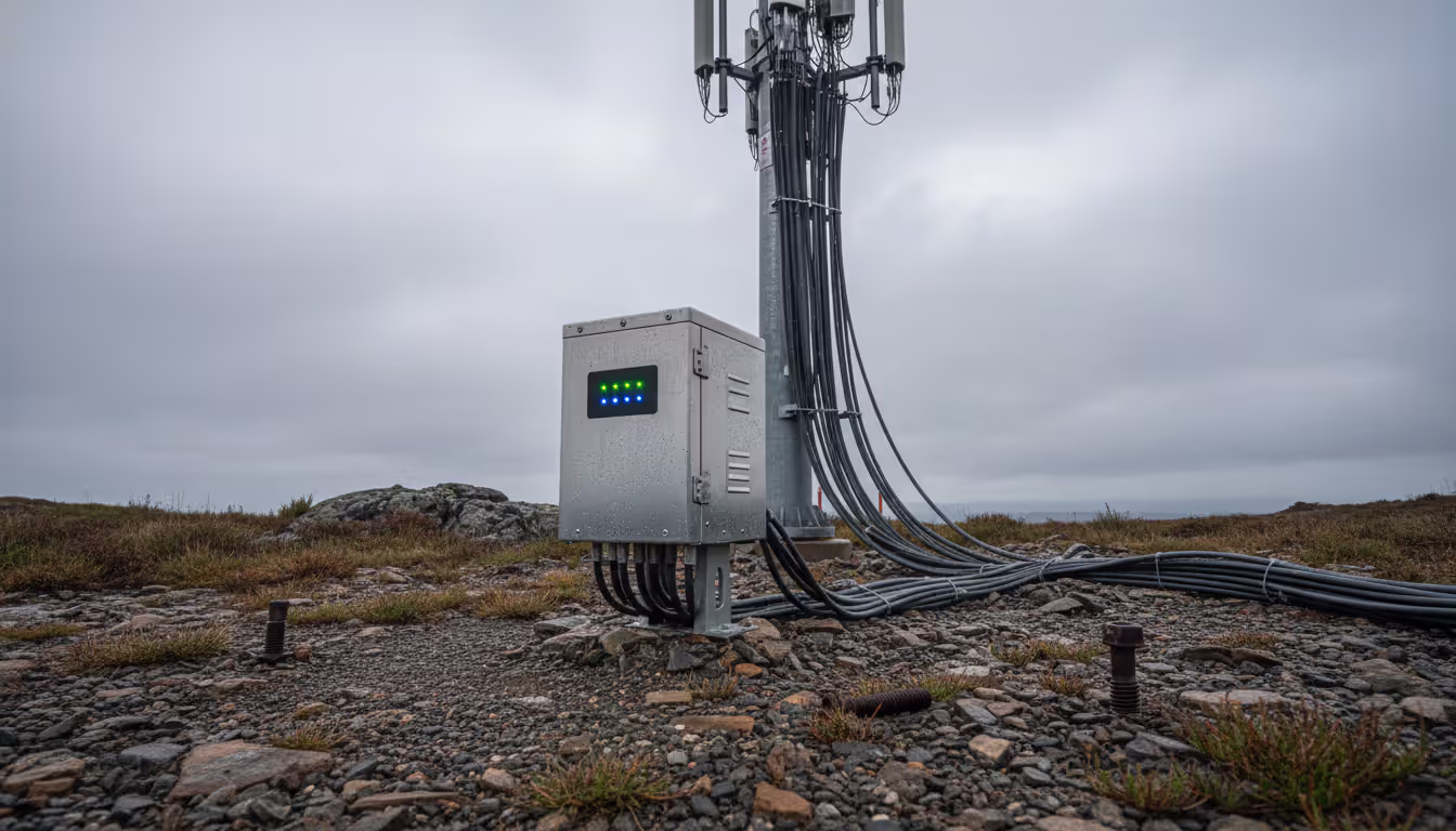 A ruggedized compact edge server unit installed at the base of a cell tower outdoors with antennas and cables visible