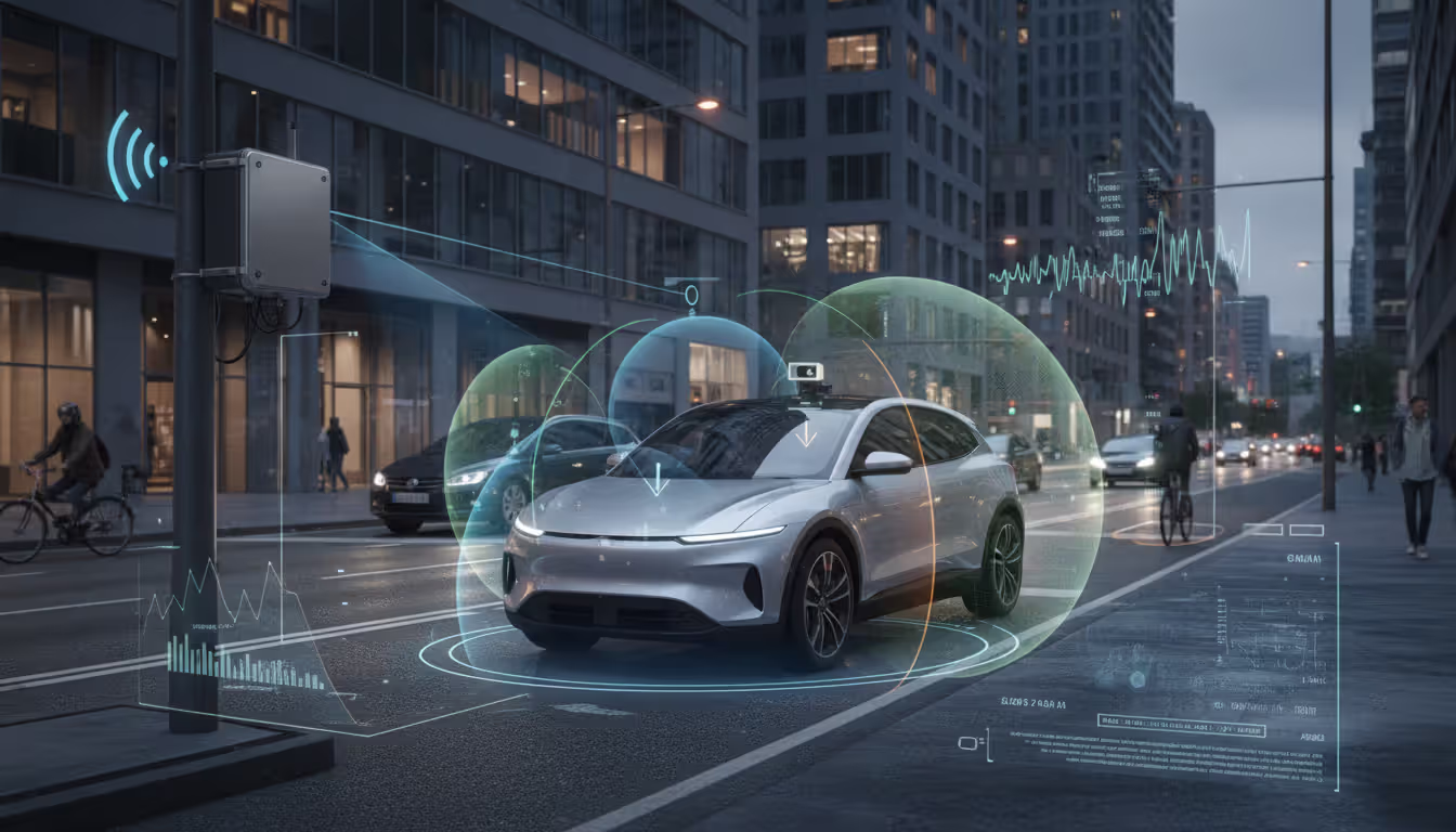 An autonomous self-driving car on a city street with visualized sensor detection zones and a roadside edge computing unit communicating wirelessly with the vehicle