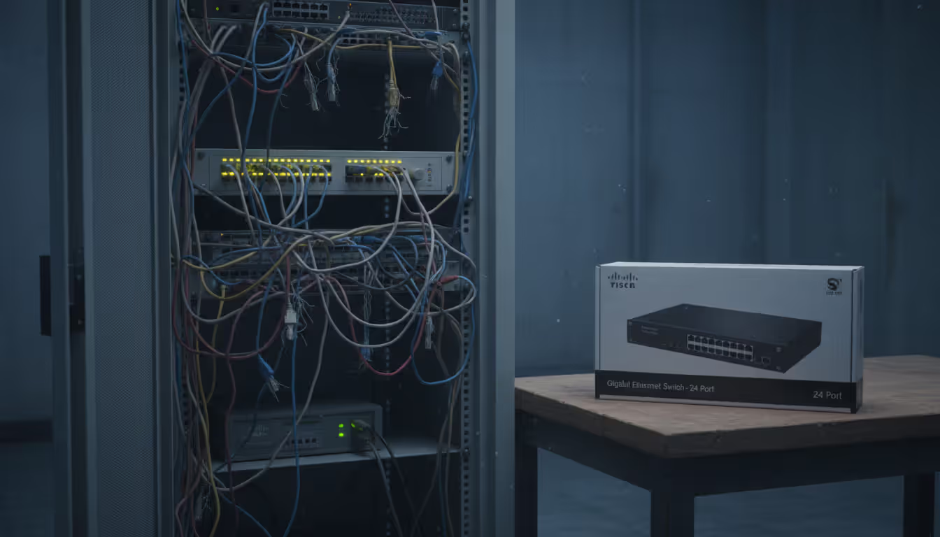 Open server cabinet with outdated network router and tangled cables next to modern gigabit switch in packaging showing hardware upgrade concept