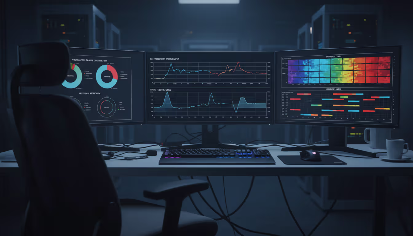 Network engineer workstation with multiple monitors displaying real-time bandwidth utilization graphs, traffic distribution charts, and interface heatmaps in dark monitoring room