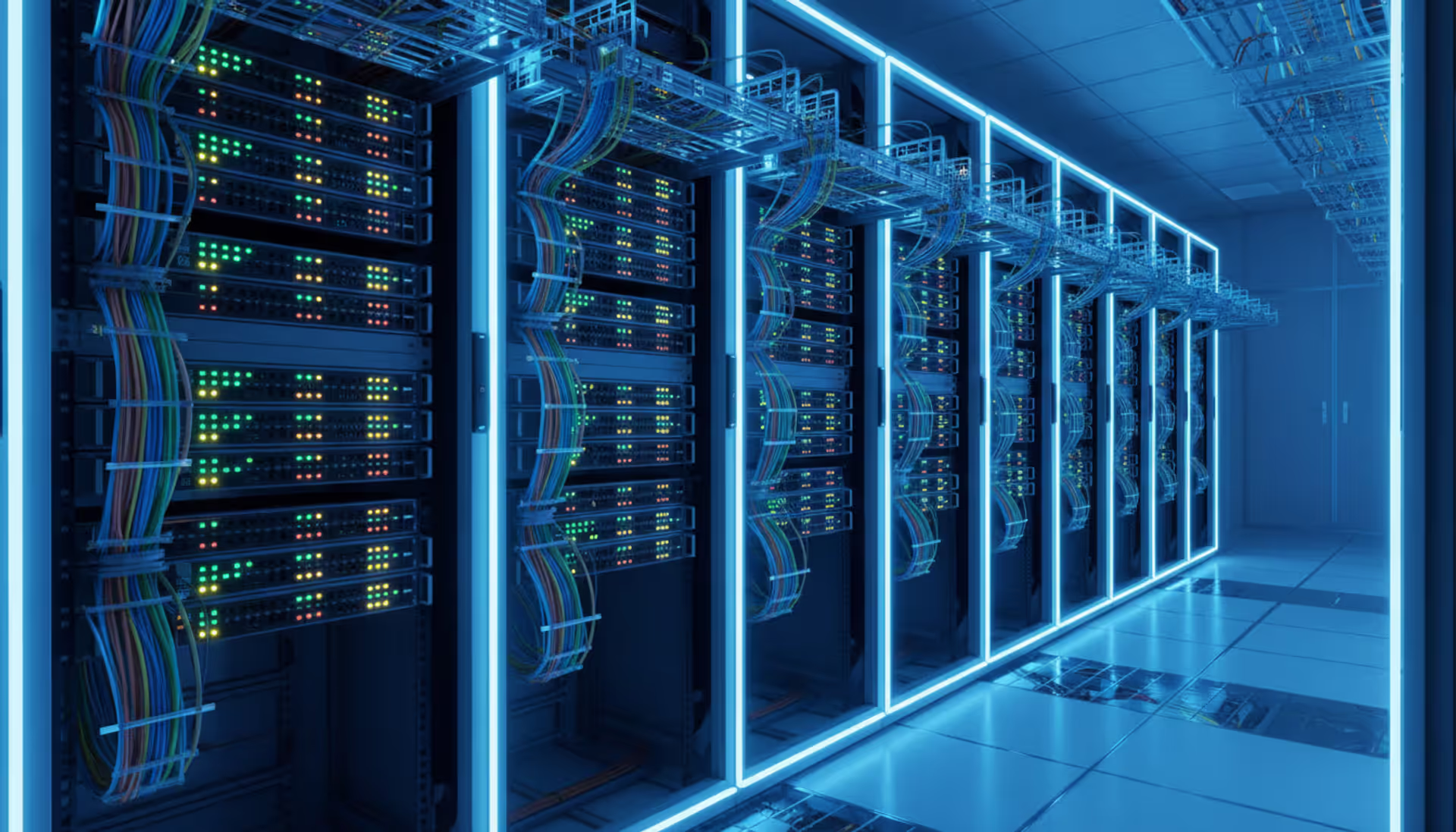 Modern server room with network racks, glowing switches, routers, and neatly organized fiber optic cables in blue-lit corridor