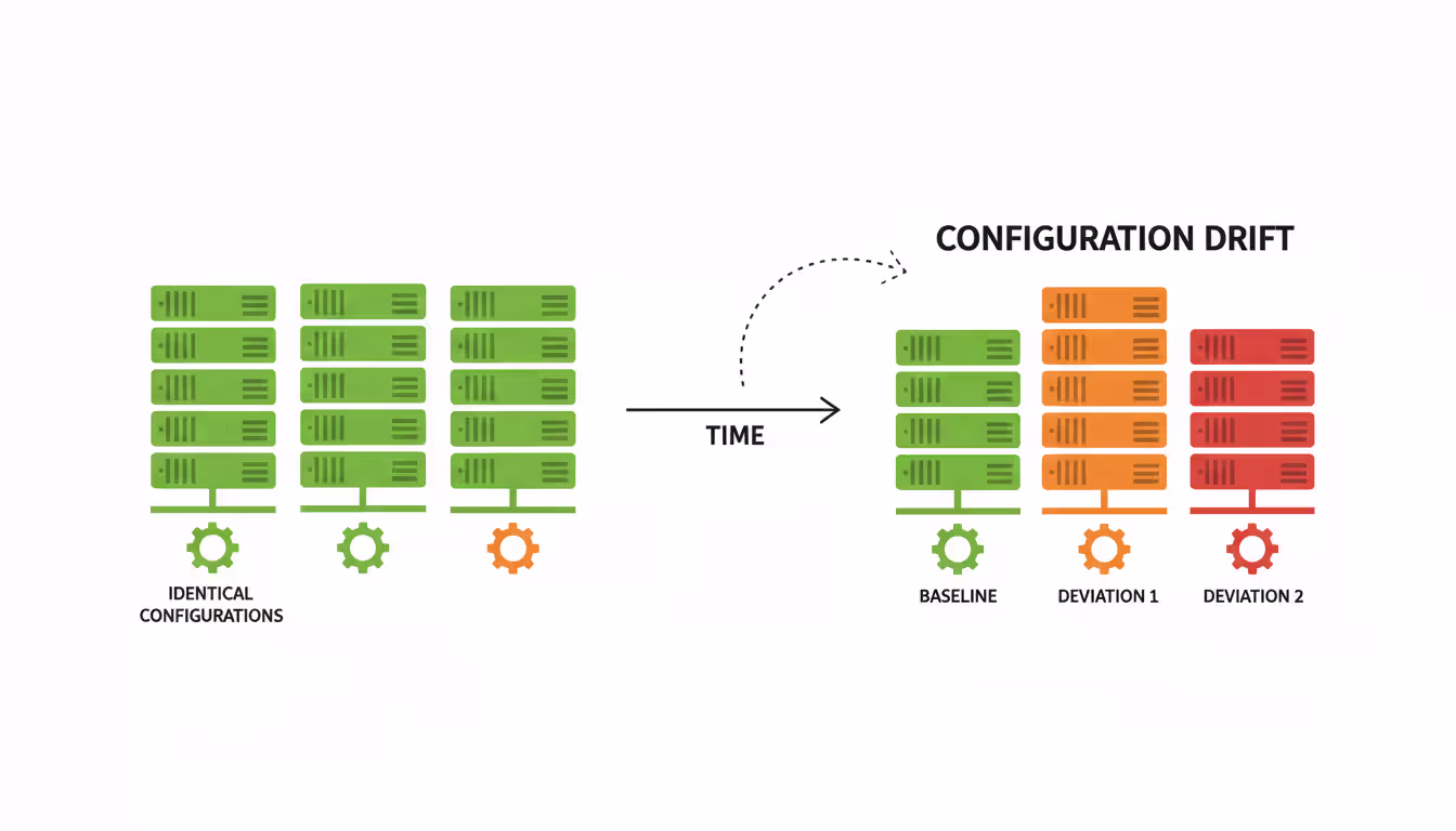 Infographic showing configuration drift concept with identical network devices gradually diverging from standard settings over time