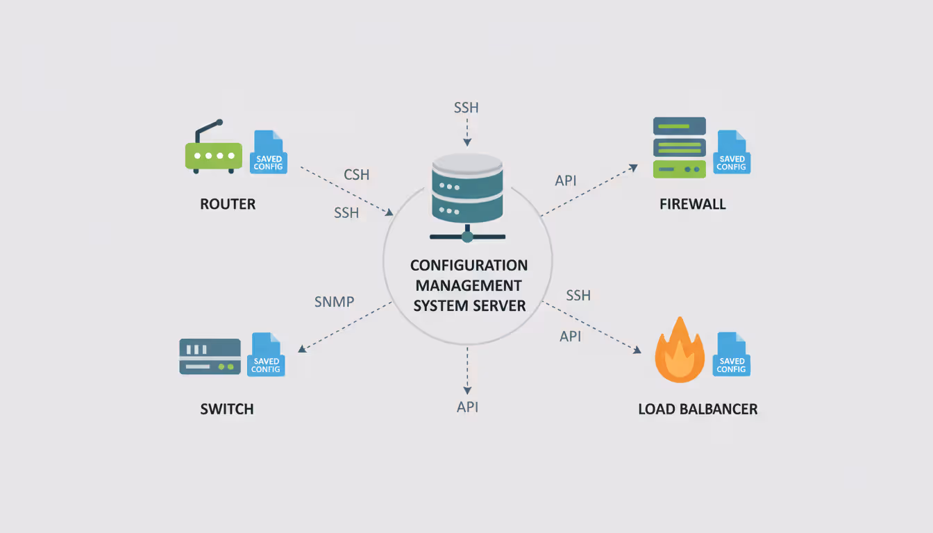 Diagram showing configuration management server connecting to various network devices via SSH SNMP and API protocols with backup file icons