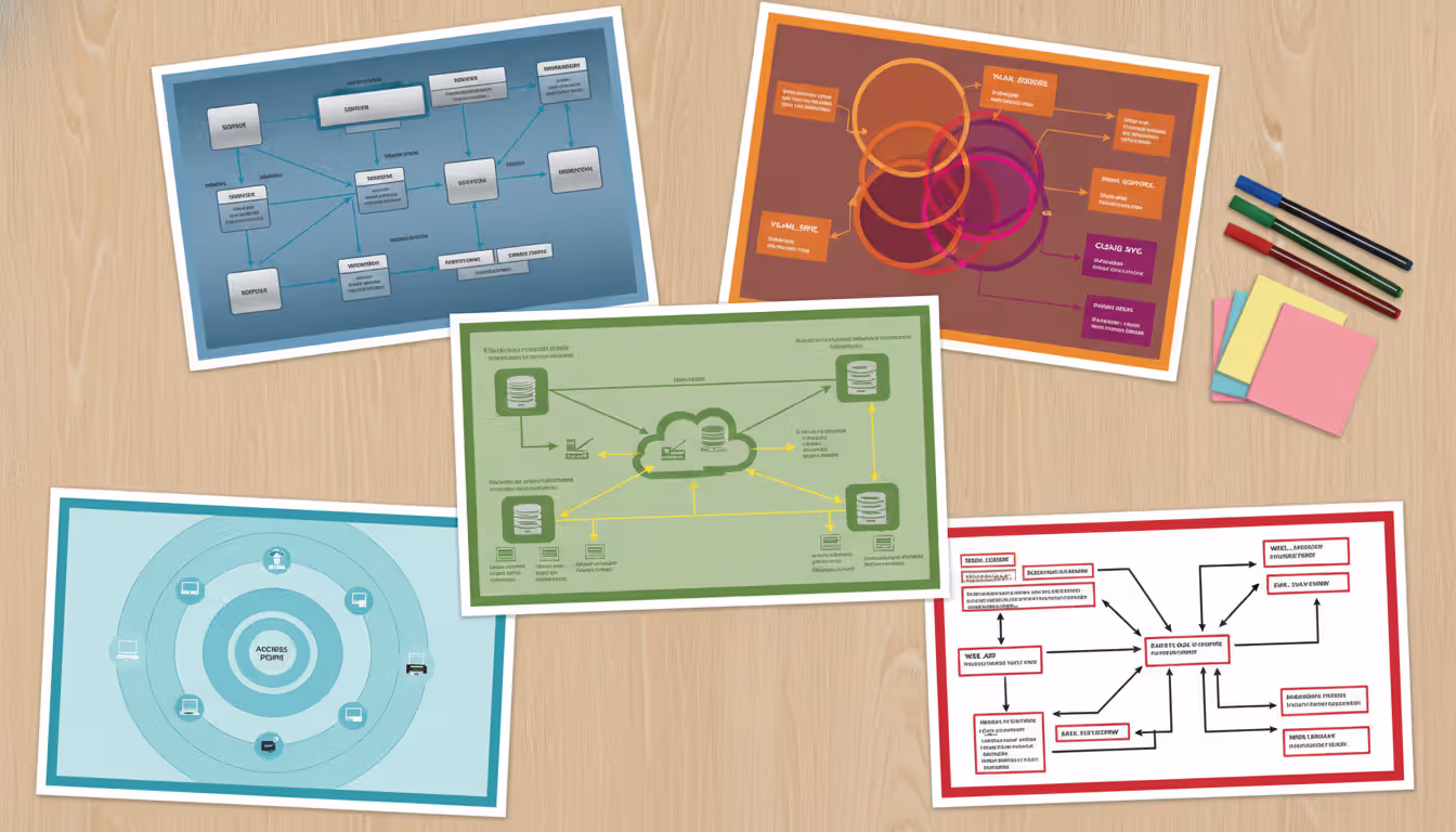Top-down view of five different printed network map types spread on a desk with colored markers and sticky notes