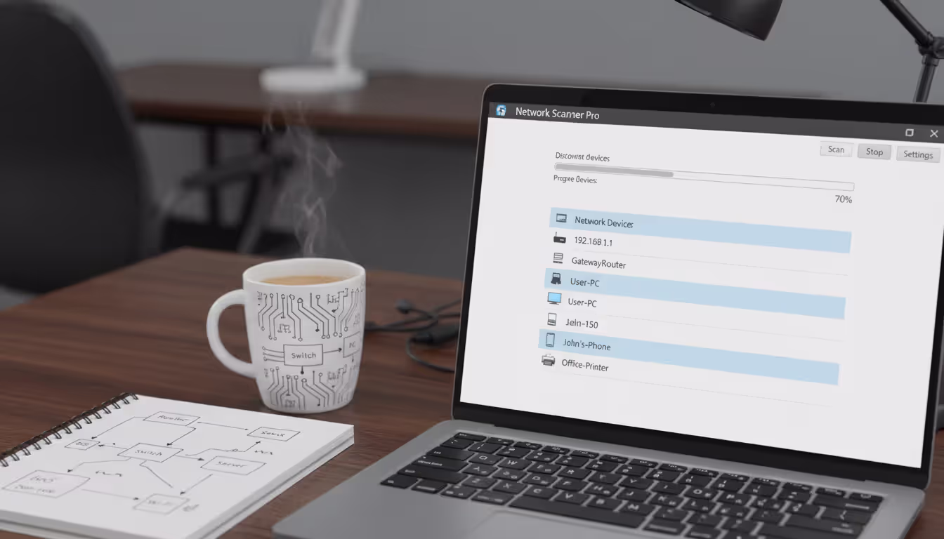 Laptop screen showing network discovery software scanning devices with a handwritten network sketch notebook and coffee mug nearby