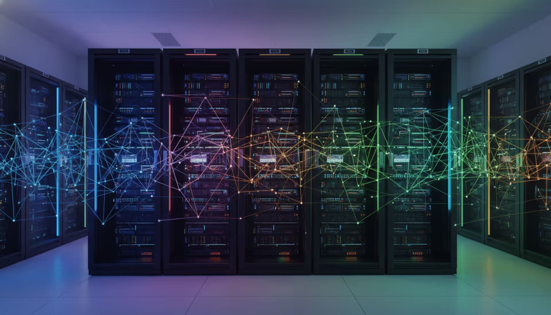 Glowing network topology lines connecting server racks in a modern data center with blue and green neon lighting