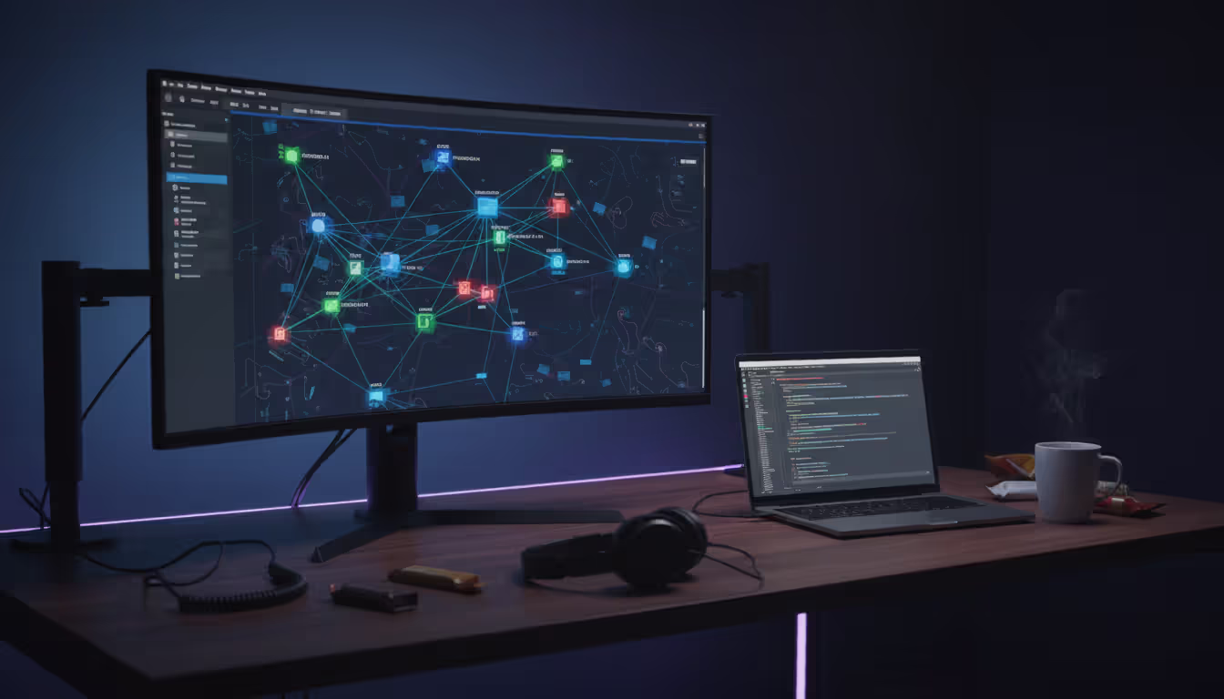 IT administrator workstation displaying an interactive network topology map on a widescreen monitor in a dimly lit office