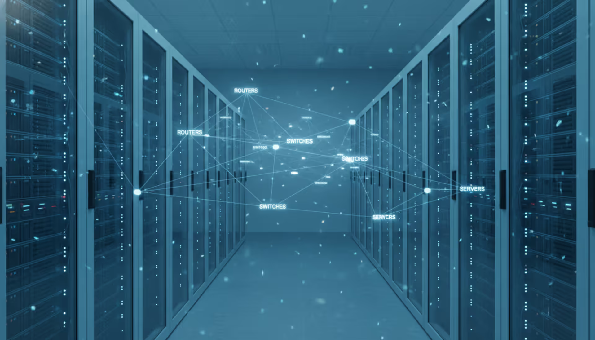 Digital network topology visualization overlaid on a modern server room with glowing connection lines between network nodes