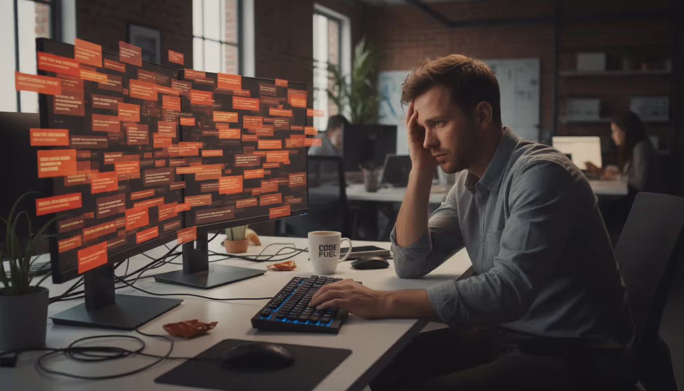 IT administrator at desk overwhelmed by multiple alert notifications on monitoring screens illustrating alarm fatigue concept