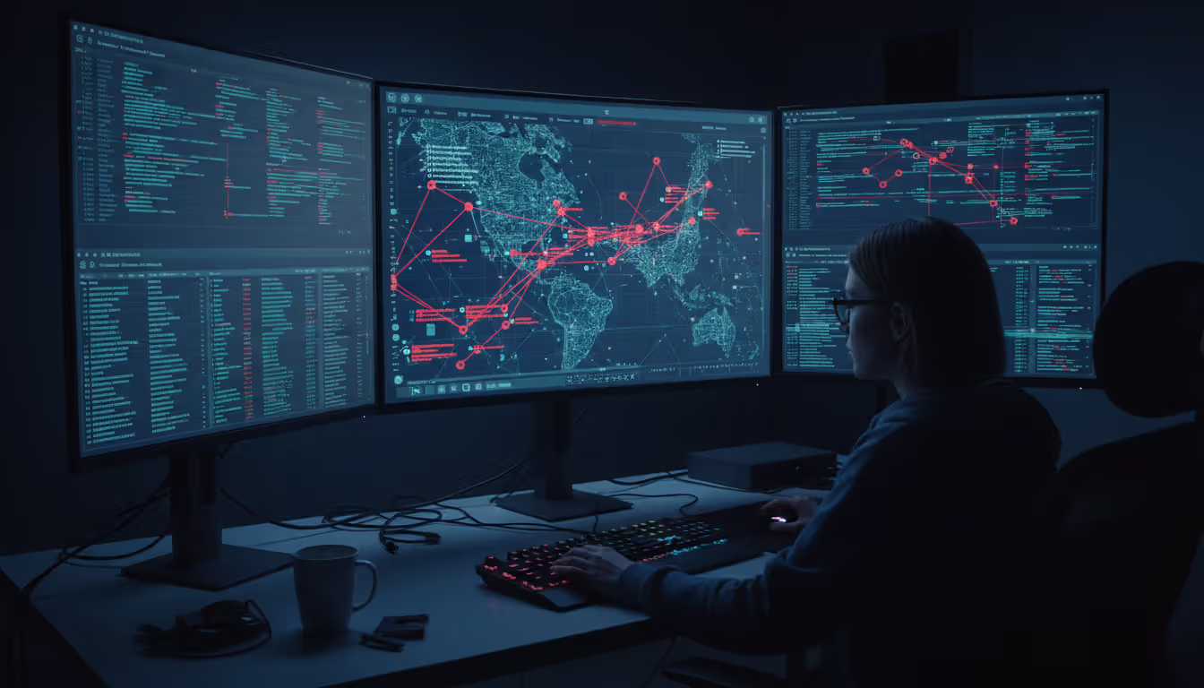 Cybersecurity analyst workstation with multiple monitors displaying network traffic analysis dashboards and anomaly alerts