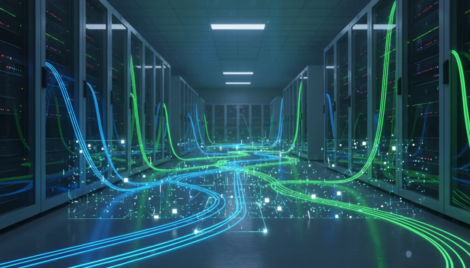 Glowing fiber optic cables connecting server racks in a dark data center with visualized data packet flow