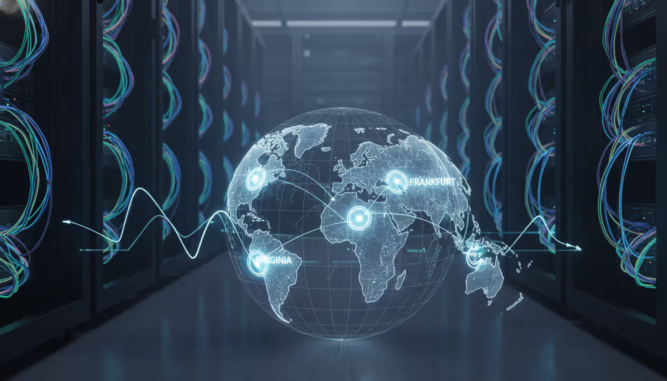 Server racks with fiber optic cables and a world map overlay showing network nodes connected across Virginia, Oregon, and Frankfurt