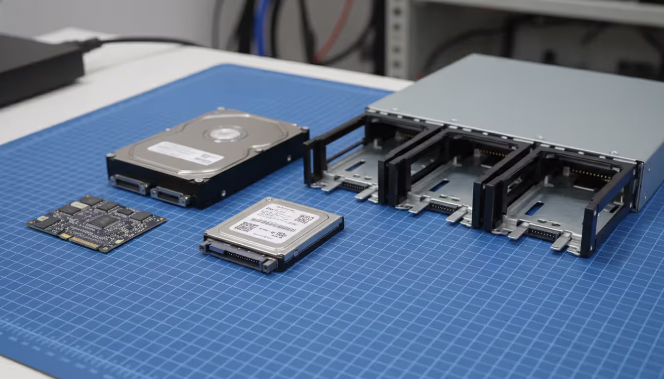 Different server storage drives including NVMe SSD, SATA SSD, and HDD displayed next to a hot-swap drive bay