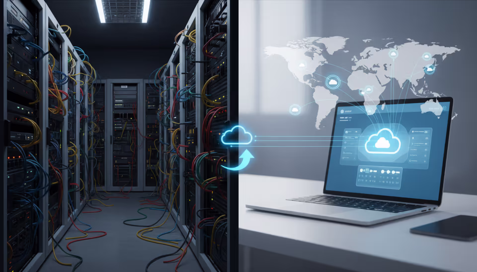 Modern data center server racks with glowing blue network connection lines rising upward and transforming into cloud structures floating above the infrastructure