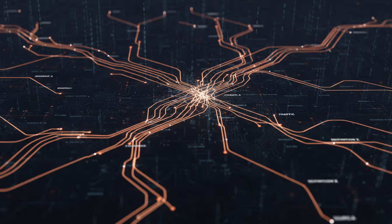 Abstract visualization of network flow data with glowing traffic lines of varying thickness and orange highlighted anomalous flows