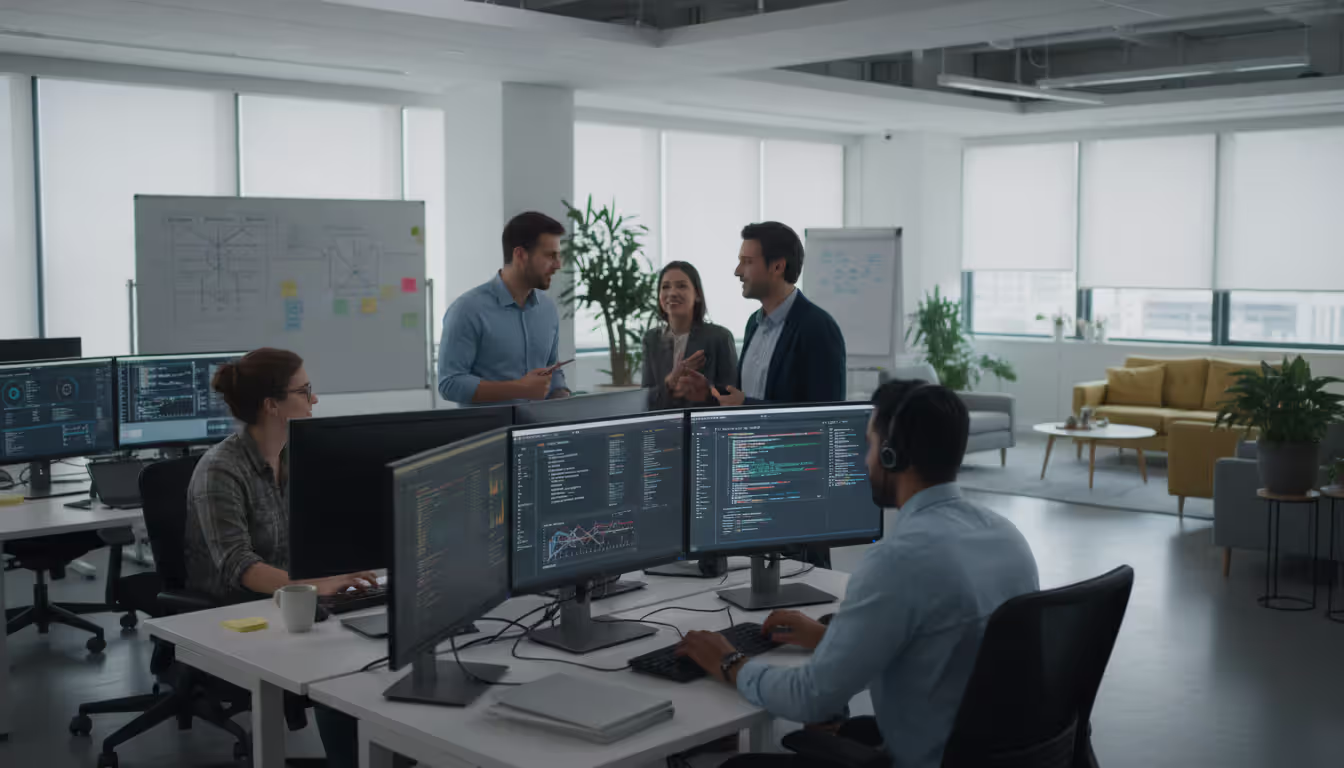 DevOps engineering team working at modern workstations with multiple monitors showing infrastructure performance graphs and code terminals