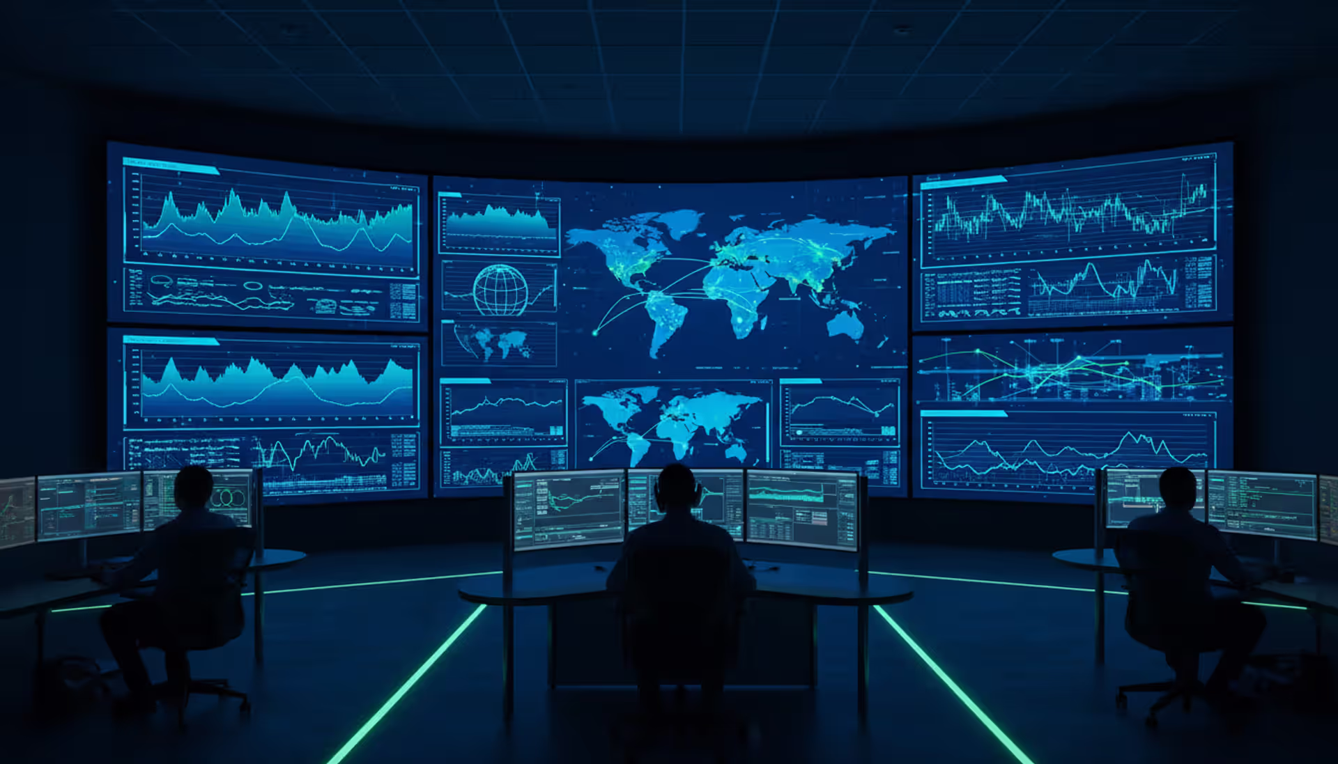 Modern network operations center with large monitor wall displaying global cloud network traffic maps and performance dashboards
