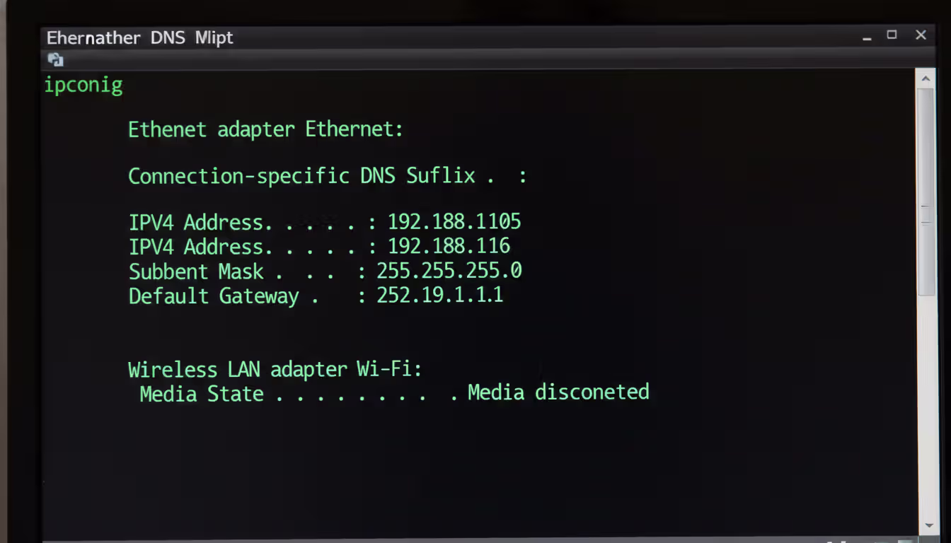 Close-up of a computer monitor displaying ipconfig command output in Windows Command Prompt showing IPv4 address subnet mask and default gateway